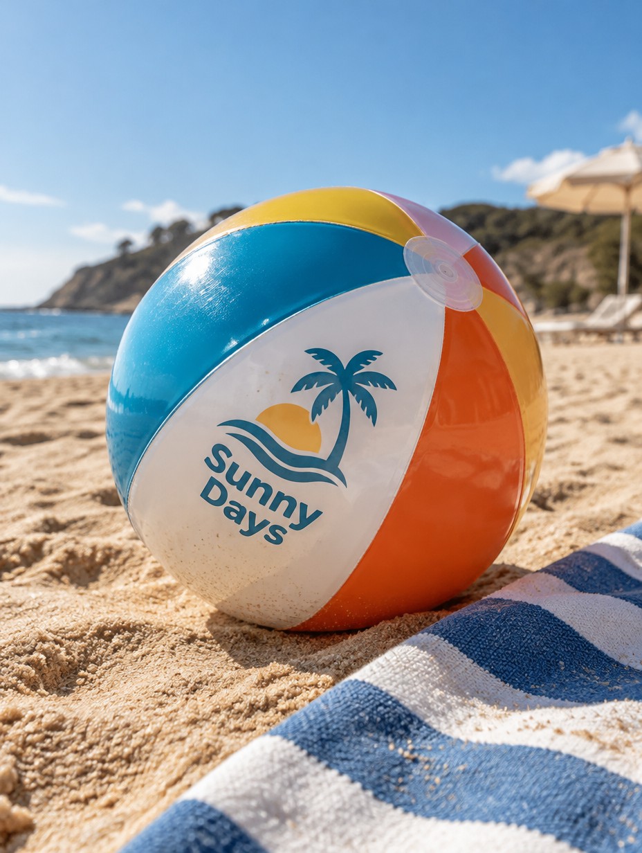 A beach ball resting on warm sand beside a striped towel under bright midday sun, glossy vinyl catching a sharp highlight, featuring a tasteful sample brand design across the panels, shot at a low ground-level angle, no watermarks, no text overlays