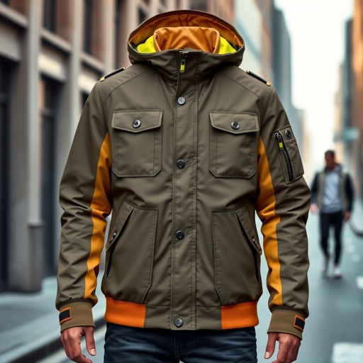 mockup design, Design a mockup for a stylish, modern jacket that combines elements of urban fashion and functionality. The jacket should feature a sleek silhouette, adjustable cuffs, and multiple pockets for practicality. Use a muted color palette with a pop of neon for added flair, and showcase it in a dynamic street setting.