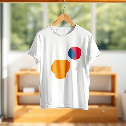 mockup design, Create a mockup design featuring a stylish T-shirt displayed on a minimalist wooden hanger. The shirt should have a vibrant graphic print of abstract shapes in bold colors. The background should be softly blurred to emphasize the T-shirt, while natural light highlights the fabric's texture for an inviting presentation.