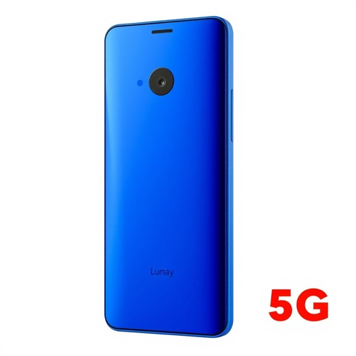 A striking blue Google-branded Lumia 950 smartphone, sleek plastic casing, elegant curves showcasing a vibrant 6.0-inch display. A powerful 32 MP camera on the back gleaming under soft light. Below, a robust 4500 mAh battery symbolizing endurance. 5G connectivity engraved discreetly, all embodying modern technology within a budget-friendly design.