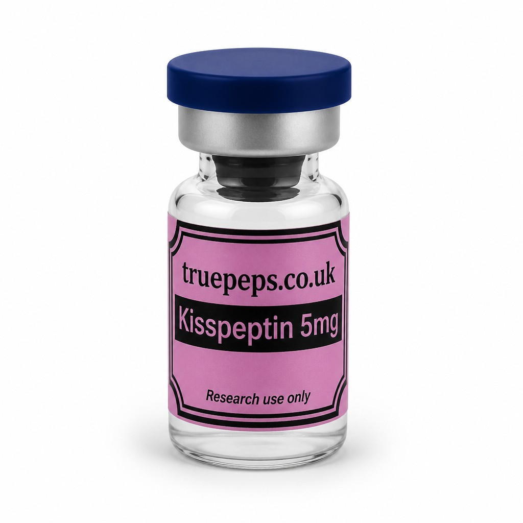 Recreate the exact glass pharmaceutical vial shown in the reference image, with no design changes whatsoever — same dark blue flip-off cap, same silver crimp collar, same clear glass vial, same pink label with black double-line border. Label text must match exactly: "truepeps.co.uk" at the top, a black bar containing "Kisspeptin 5mg" in pink text, and "Research use only" in small italic text at the bottom. Do not alter colors, wording, logo, or label layout in any way.
Reframe only: center the vial upright in the middle of the frame, straight-on eye-level angle, full label facing camera and fully legible with no text cut off. Place on a seamless pure white studio background. Soft, even diffused studio lighting with no harsh glare on the glass or cap. Subtle soft realistic shadow directly beneath the vial. Sharp focus throughout, especially the label text. Professional e-commerce product photography style, high detail, 4K.