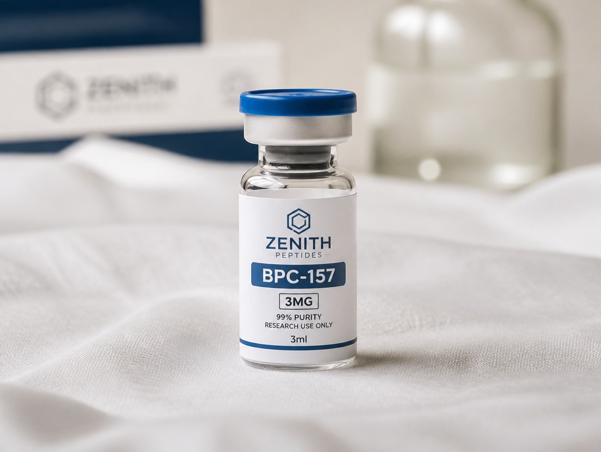 Photorealistic mockup of a 3ml glass peptide vial with a clean professional label and blue flip-off cap, on a white soft linen table cloth, soft studio lighting, shallow depth of field