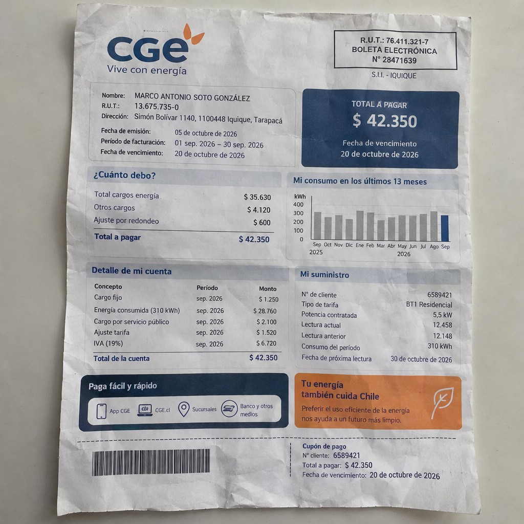 Create a statement, an electricity bill in CHILE. The A4 statement should be realistic, as if it were photographed on a phone. The document should be on a white background. The document must be for the last 3 months of October 2026. The document should contain several transactions and be wrinkled at the edges.
Name MARCO ANTONIO SOTO GONZÁLEZ
Address Simón Bolívar 1140, 1100448 Iquique, Tarapacá
R.U.T. 13675735-0
Date of birth 21.05.1979