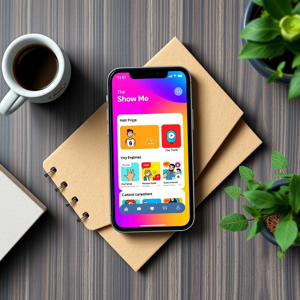 mockup design, Create a vibrant mockup design featuring a modern smartphone displaying the "Show Me" app interface. The screen should showcase an engaging user experience with colorful graphics, intuitive navigation elements, and real-time content. Surround the phone with a stylish workspace setting including a coffee cup, notebook, and greenery for an inviting scene.
