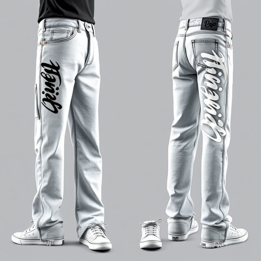 mockup design, Create a mockup design featuring long, baggy jeans in a light wash denim. The jeans should prominently display the "D.ap Customize" logo along the side in a bold, graffiti-style font. Include additional details like frayed hems and a relaxed fit, showcasing a trendy, street-style aesthetic perfect for casual wear.