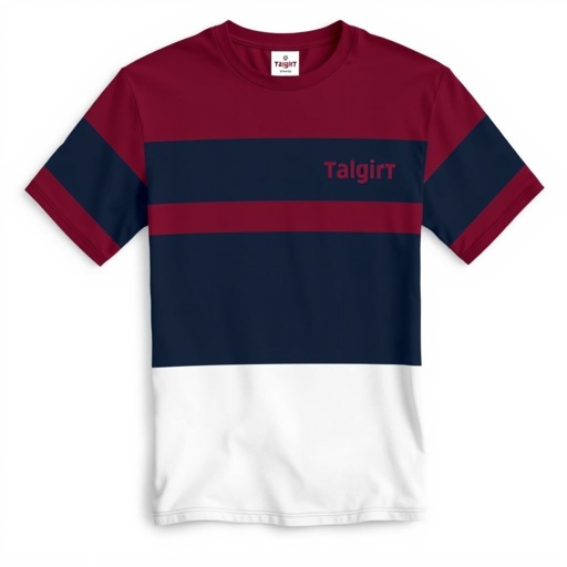 mockup design, Create a mockup design for a striped T-shirt featuring bold burgundy and dark blue horizontal stripes. The fabric should have a slight texture, with realistic shadows and highlights. Showcase the shirt on a simple, light-colored background to highlight its colors, and include a stylish label tag for branding.