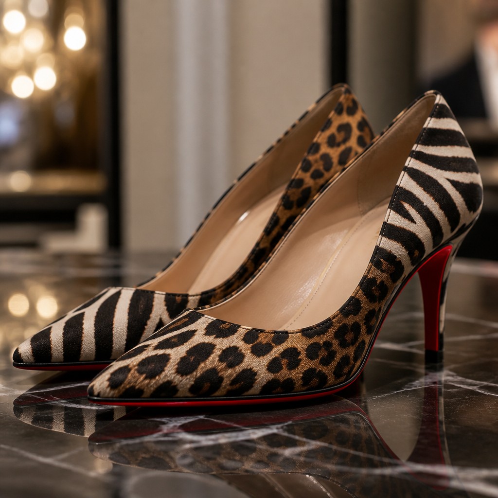Create a realistic product mockup based on these instructions:
Design a chic 3-inch heel featuring a vibrant red bottom, exuding elegance. The shoe's upper is adorned with bold animal skin stripes in a mix of leopard and zebra patterns, creating a striking contrast. Perfect for a night out, this design blends luxury and wild flair for the fashion-forward individual.
Create a professional, photorealistic mockup scene. If the instructions mention a design,
artwork, logo, print or graphic, invent an original, fitting design and integrate it onto the
product realistically with proper perspective, lighting and material texture. Only show a clean,
undecorated product if the instructions explicitly ask for a blank or plain product.