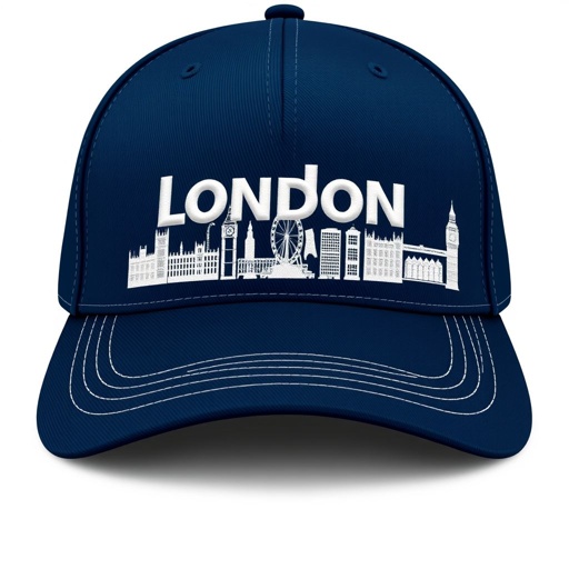 mockup design, Design a stylish cap featuring an embroidered name section on the front, allowing for customization. Behind the name, showcase a detailed London skyline silhouette, capturing iconic landmarks like the Big Ben and the London Eye. Utilize a deep navy blue color for the hat, contrasting elegantly with the white embroidery.