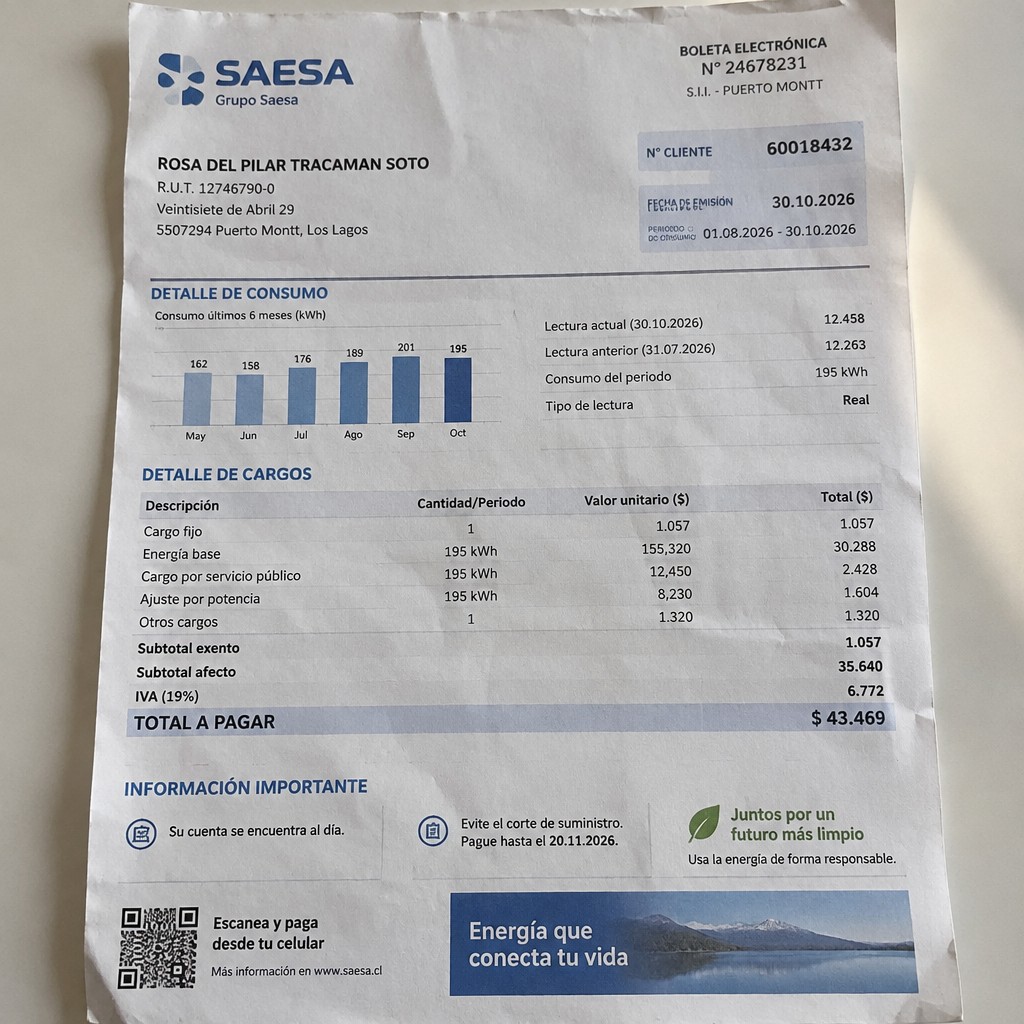 Create a statement, an electricity bill in CHILE. The A4 statement should be realistic, as if it were photographed on a phone. The document should be on a white background. The document must be for the last 3 months of October 2026. The document should contain several transactions and be wrinkled at the edges.
Name ROSA DEL PILAR TRACAMAN SOTO
Address Veintisiete de Abril 29, 5507294 Puerto Montt, Los Lagos
R.U.T. 12746790-0
Date of birth 14.07.1969
Date of discharge 30.10.2026 (OCTOBER 2026)