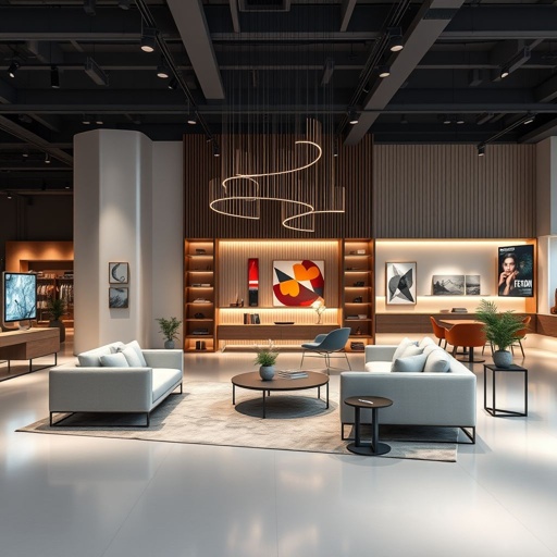 mockup design, Create a modern furniture showroom mockup titled "Mebel". Showcase a sleek, minimalist interior featuring elegant sofas, stylish coffee tables, and contemporary lighting. Use a neutral color palette with pops of vibrant accents. Incorporate interactive digital displays for product details and customer engagement, enhancing the overall shopping experience in a spacious layout.