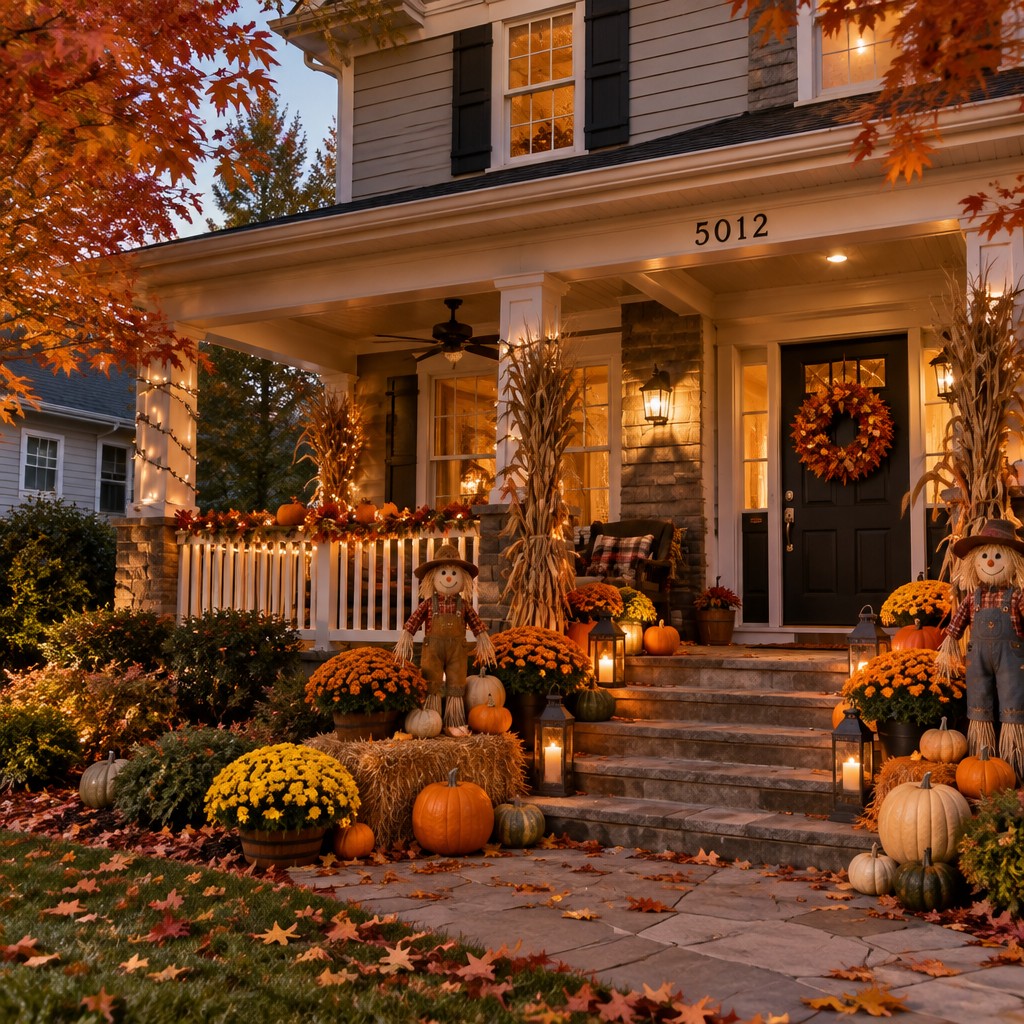Create a realistic product mockup based on these instructions:
Design the front of the house at 5012 Crippen Road, adorned with vibrant autumn foliage. Incorporate a bountiful pumpkin display, golden mums, and whimsical scarecrows. Drape warm, twinkling fairy lights along the porch railing, and place harvest-themed décor like cornstalks and decorative gourds to cultivate a cozy, inviting fall atmosphere.
Create a professional, photorealistic mockup scene. If the instructions mention a design,
artwork, logo, print or graphic, invent an original, fitting design and integrate it onto the
product realistically with proper perspective, lighting and material texture. Only show a clean,
undecorated product if the instructions explicitly ask for a blank or plain product.