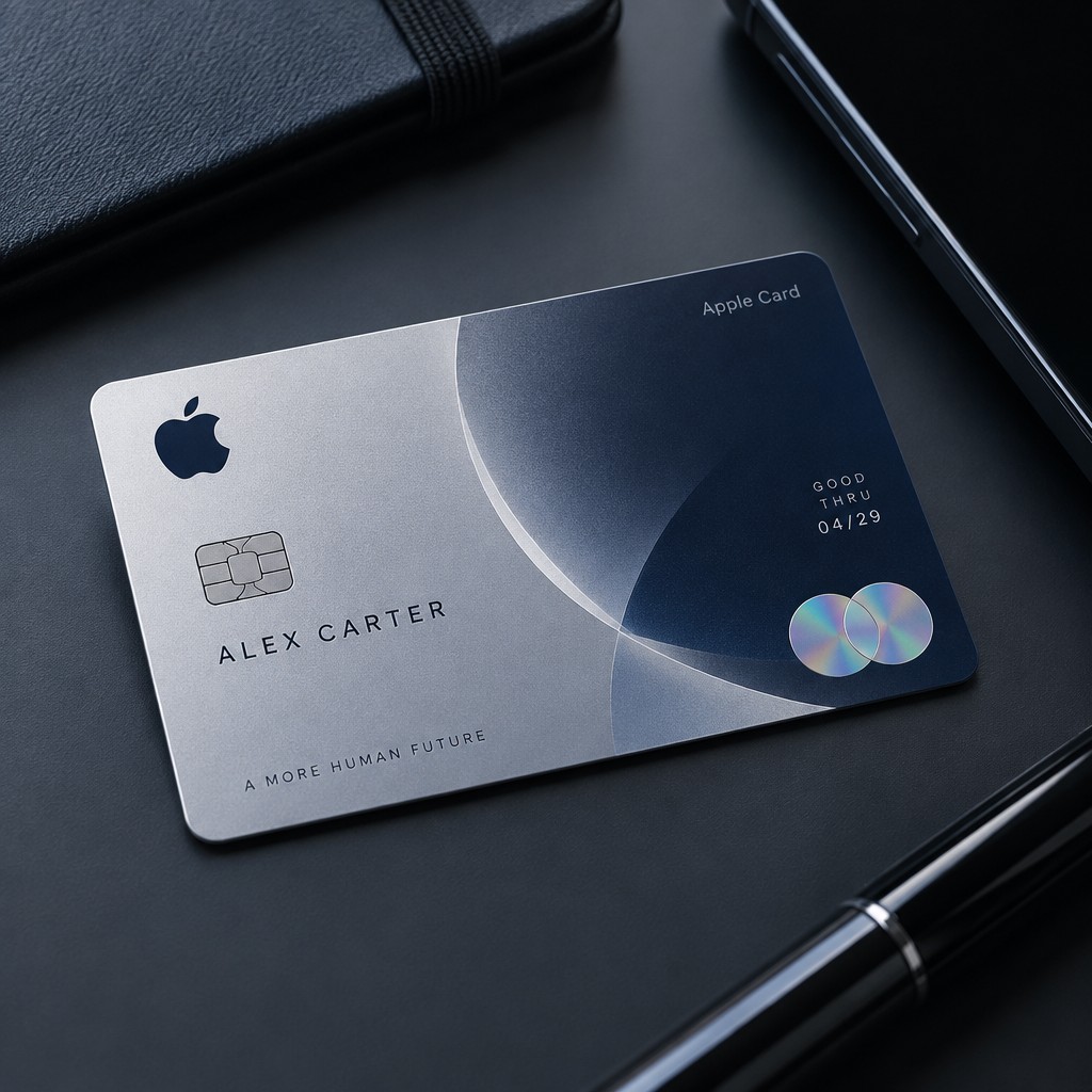 Create a realistic product mockup based on these instructions:
Create a sleek, modern Apple wallet card inspired by American Express. Incorporate a minimalist design with a metallic finish, featuring the Apple logo prominently. Use elegant typography for card details and a sophisticated color palette, blending silver, navy blue, and white. Add holographic security elements for a high-tech touch.
Create a professional, photorealistic mockup scene. If the instructions mention a design,
artwork, logo, print or graphic, invent an original, fitting design and integrate it onto the
product realistically with proper perspective, lighting and material texture. Only show a clean,
undecorated product if the instructions explicitly ask for a blank or plain product.