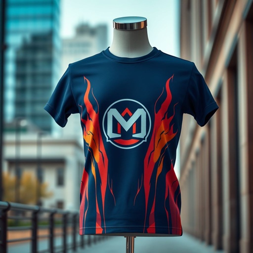 mockup design, Design a stylish mockup for a Marque t-shirt featuring a bold, modern logo at the center. Incorporate a vibrant color palette of deep blues and fiery oranges. Showcase the shirt on a mannequin in an urban setting, with subtle textures in the background to enhance its contemporary aesthetic.