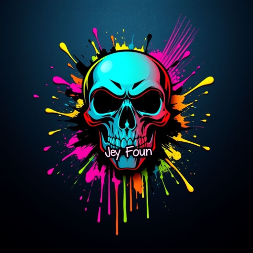 mockup design, Design a striking mockup featuring a bold Totenkopf (skull) graphic at the center, emblazoned with the edgy "Jey Foun" inscription. Surround the skull with vibrant splashes of paint in neon colors, creating a dynamic, urban vibe. The background should be a textured dark surface to enhance the overall impact.
