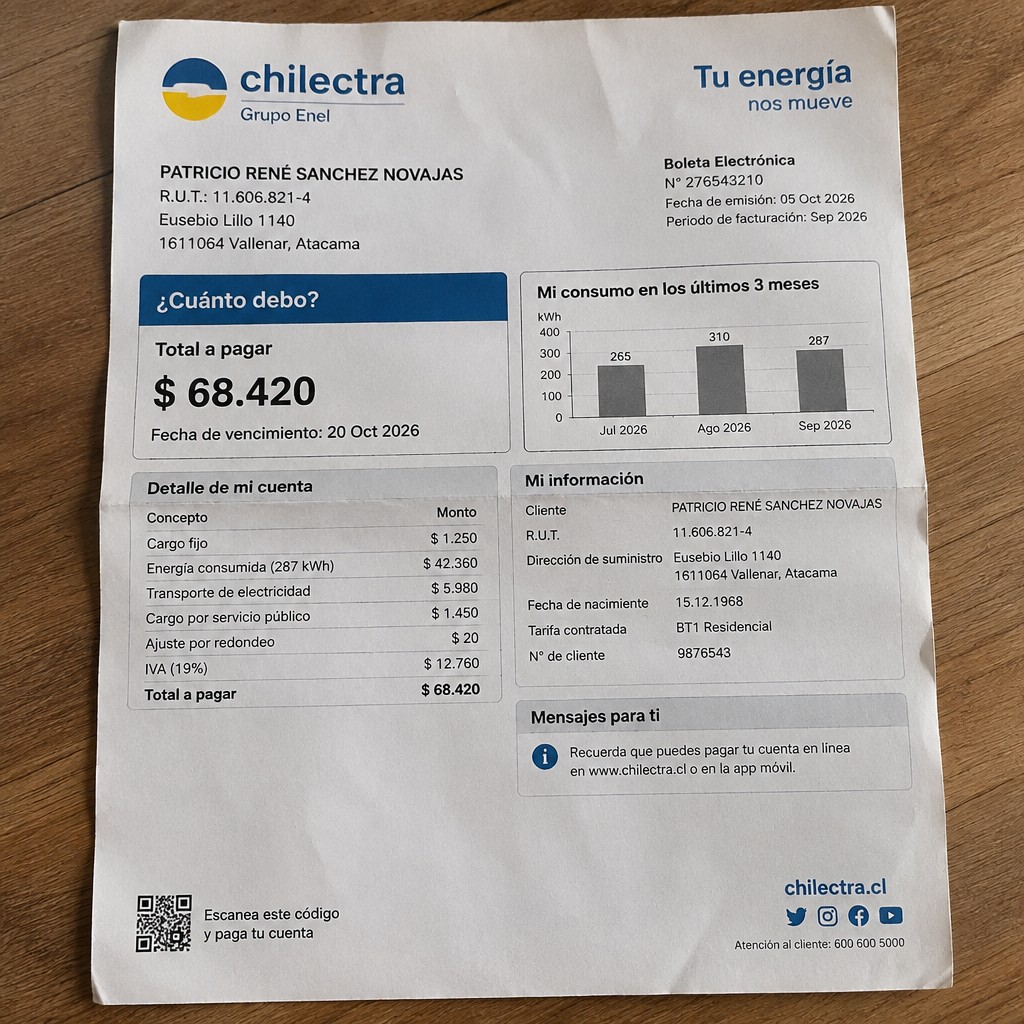 Create a statement, an electricity bill in CHILE. The A4 statement should be realistic, as if it were photographed on a phone. The document should be on a white background. The document must be for the last 3 months of October 2026. The document should contain several transactions and be wrinkled at the edges.
Name PATRICIO RENÉ SANCHEZ NOVAJAS
Address Eusebio Lillo 1140, 1611064 Vallenar, Atacama
R.U.T. 11606821-4
Date of birth 15.12.1968
