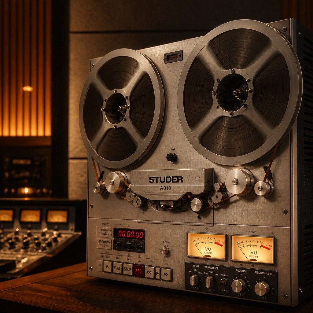 Cinematic ultra-realistic close-up photograph of an authentic Studer A810 professional reel-to-reel tape recorder operating in a high-end analog recording studio.
The real Studer A810 is the unmistakable central subject, photographed from a slightly frontal three-quarter angle. The machine fills almost the entire frame. Two large reels with magnetic tape are installed on the tape transport, the tape is correctly threaded through the tape path and the reels are actively rotating while the tape is moving.
The authentic Studer A810 front panel, VU meters, switches, buttons, tape heads, capstan and transport mechanism are clearly visible and highly detailed. VU meters are illuminated and actively displaying audio levels, creating a sense of real-time recording and playback.
Warm luxurious analog studio environment, dark acoustic panels, subtle wooden surfaces and soft out-of-focus studio equipment in the background. Warm tungsten lighting creates an intimate amber glow around the machine while preserving realistic metallic textures and details.
The mood is sophisticated, warm, analogue, musical and premium — the feeling of a professional mastering studio working with magnetic tape rather than digital audio.
Extremely realistic metal reels, magnetic tape, brushed aluminum, buttons, meters and mechanical components. Natural reflections, realistic shadows, authentic proportions and physically correct tape transport.
High-end audio industry advertising photography, cinematic depth of field, 50mm lens, realistic film-like atmosphere, crisp focus on the Studer A810, subtle background bokeh.
Wide horizontal website hero image, with the Studer A810 dominating the composition and positioned slightly to one side, leaving some clean negative space for website text.
Photorealistic, premium, sophisticated, authentic professional recording studio, no people, no hands, no headphones, no computers, no digital audio workstation, no cassette decks, no generic reel-to-reel machine, no incorrect tape threading, no extra reels, no watermark.