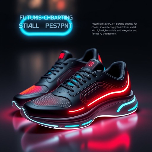 mockup design, Design a pair of futuristic self-charging battery smart shoes, featuring sleek, ergonomic lines and a dynamic, animated visual display. The shoes showcase their charging status with glowing indicators and vibrant colors. Include detai l of lightweight materials and integrated sensors, highlighting their innovative tech for fitness enthusiasts and trendsetters.