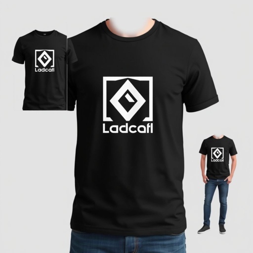 mockup design, Create a stylish mockup of a black T-shirt featuring my logo prominently displayed on the front. The shirt should be presented on a neutral background, showcasing its fit and fabric texture. Include various angles, such as a close-up of the logo and a full view on a model, emphasizing casual wear.
