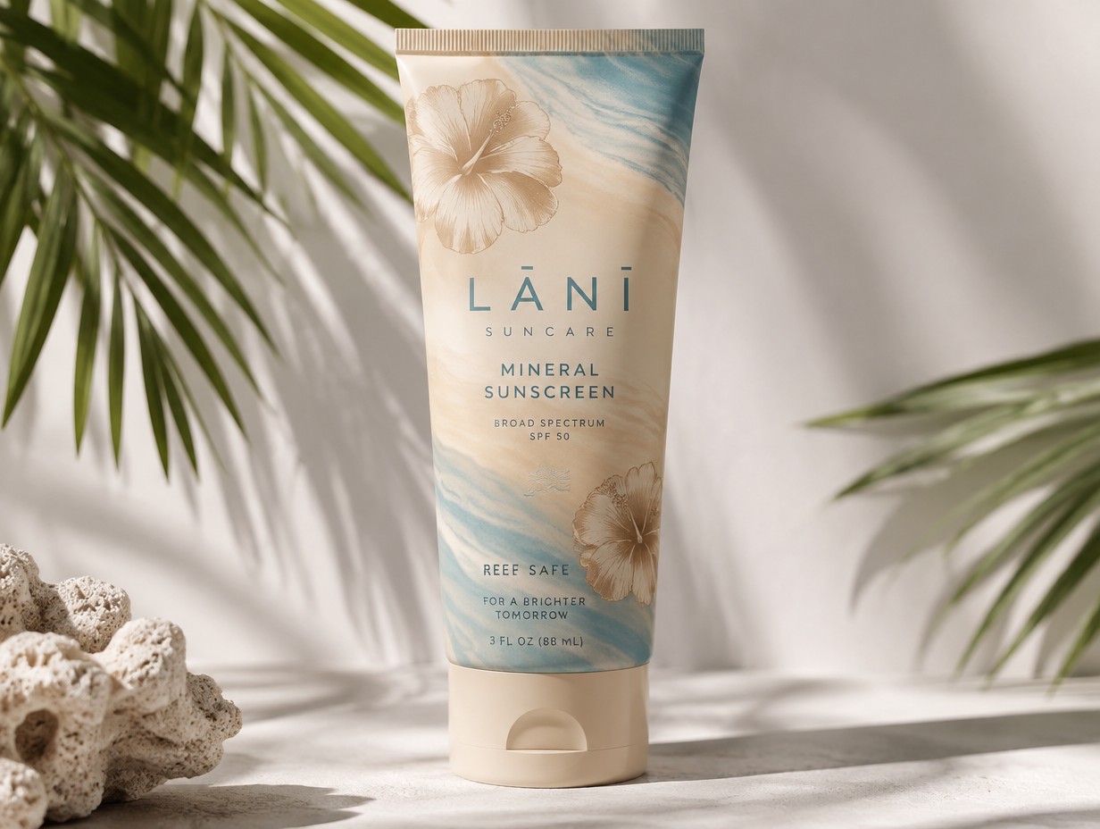 One of my ideas was reef safe sunscreen, do you think you could create a high quality, proffesionally posed picture of a sunscreen, it includes a graphic of hawaiian isalbds on the sunscreen, it's beige-blue swirled like our sand and our waters, and it has a reef safe minimal text somwhere, but make sure the lighting looks good too, it can have palm tree leaves, with a white/gray matte background