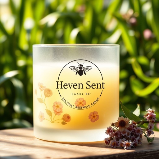 mockup design, Design a serene mockup featuring a holistic beeswax candle, encased in a frosted glass jar showcasing delicate flowers embedded in the wax. The circular logo, adorned with a bee, prominently displays the brand name “Heaven Scent.” Set against a lush, natural background of vibrant greenery and soft sunlight, evoking tranquility.