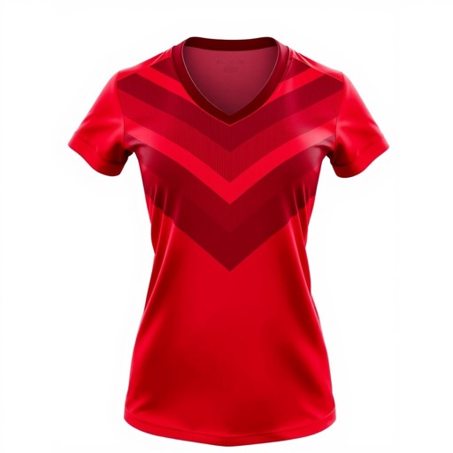 A vibrant red soccer jersey, adorned with dynamic chevron patterns in various shades of crimson. The V-neck neckline forms an elegant silhouette, complemented by short sleeves enhancing mobility. Crafted from lightweight polyester, the fitted design emphasizes athleticism. A perfect blend of style and functionality, embodying the spirit of competitive sports.