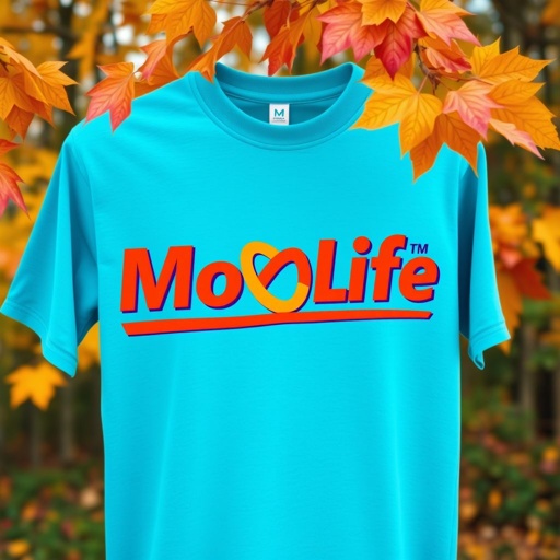 mockup design, Design a vibrant T-shirt featuring the Morlife brand name in a bold graphic style, using a rich palette of fall colors like deep oranges, rustic reds, and golden yellows. Incorporate a stylized infinity sign intertwined with the text, symbolizing timeless health and wellness. Showcase this design against a natural autumn backdrop.