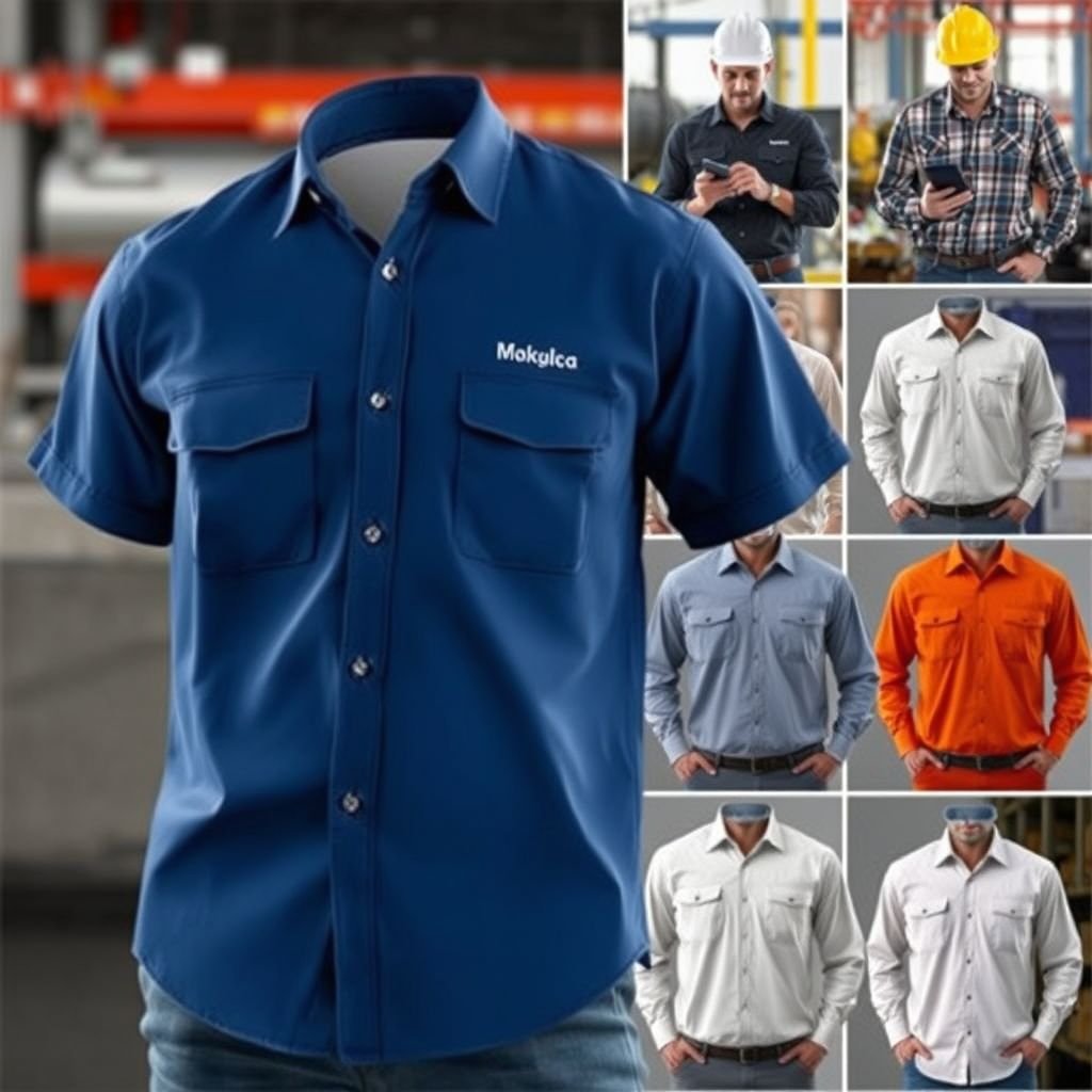 mockup design, Design a mockup for a line of professional work shirts targeted at various industries. Include options for short and long sleeves, button-down collars, and breathable fabric. Showcase a range of colors and patterns, integrating subtle branding elements. The setting should feature diverse working environments, highlighting versatility and comfort.