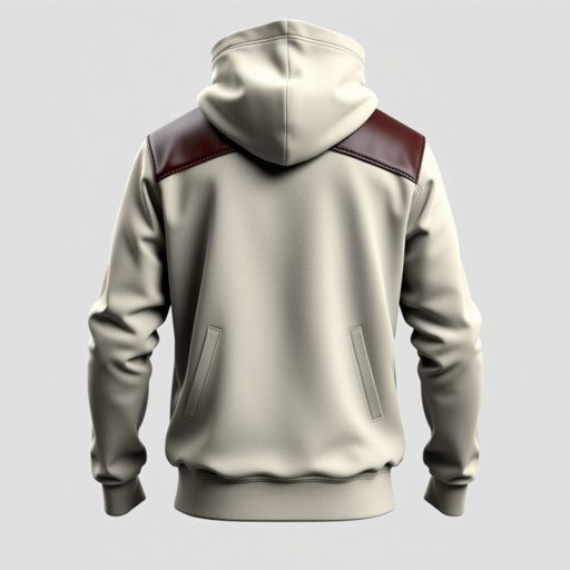mockup design, Create a mockup design of a unique backwards hoodie featuring luxurious leather accents on the shoulders. The kangaroo pocket should be oversized, seamlessly integrated into the design. The fabric should be a blend of soft cotton and durable polyester, showcasing a trendy, street-style aesthetic with a subtle color palette.
