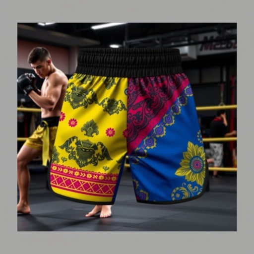 mockup design, Design a mockup for a short Muay Thai shorts collection featuring vibrant colors and traditional Thai patterns. Highlight breathable, lightweight fabric with an elastic waistband for comfort. Include a dynamic model in action poses, showcasing the shorts' flexibility. The background should evoke an energetic training environment, emphasizing martial arts culture and strength.