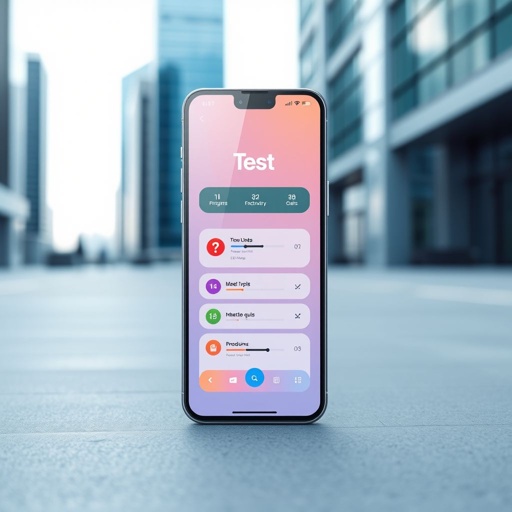 mockup design, Create a sleek and modern mockup design for a mobile app titled "Test." The interface should feature a clean layout, vibrant colors, and intuitive navigation. Include engaging elements such as progress trackers and interactive quizzes. Showcase the app on a smartphone with a reflective screen, set against a minimalistic urban background.
