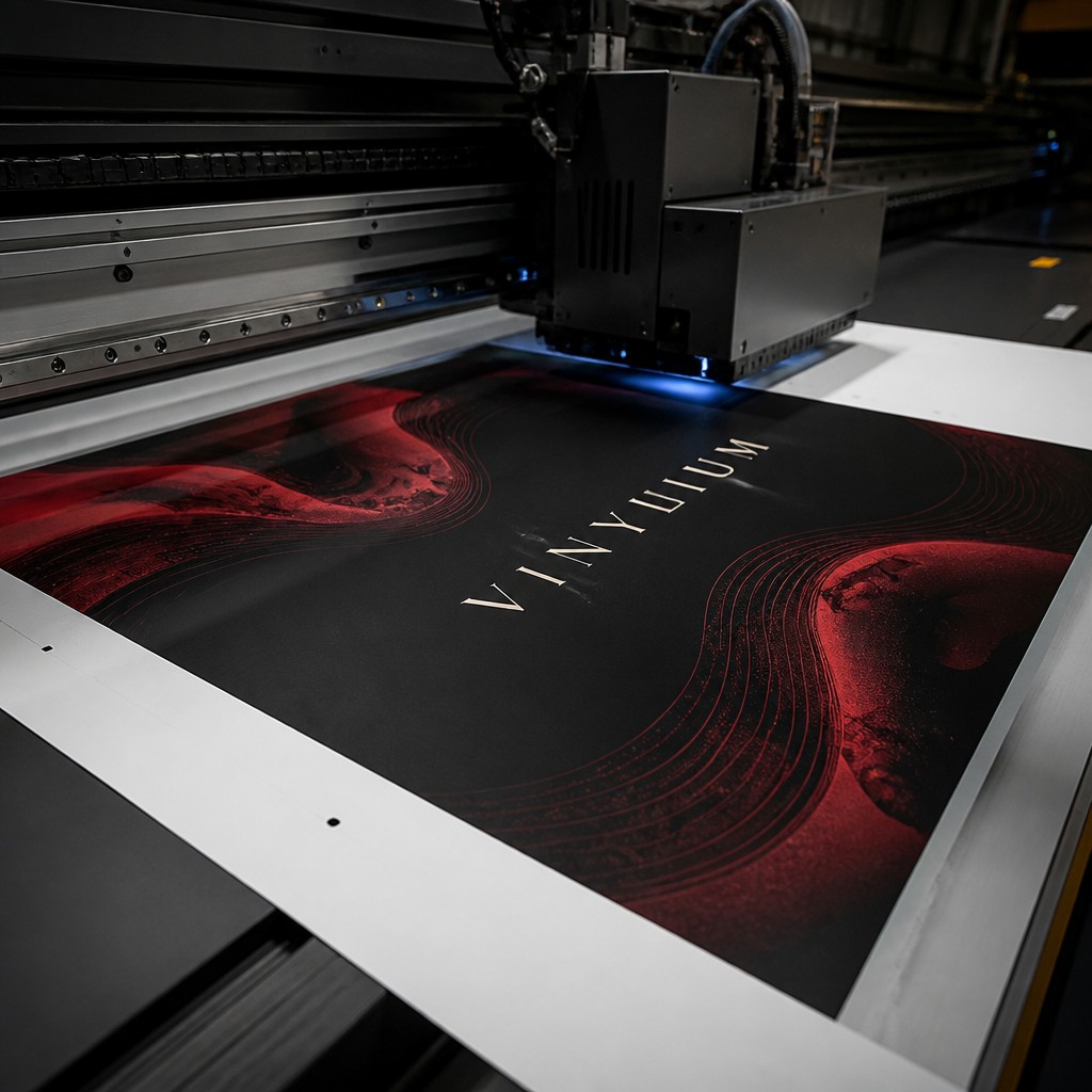 High-end photorealistic commercial advertising photograph of a premium vinyl record sleeve being printed on a professional large-format industrial inkjet printer.
The printer is actively printing the sleeve, with the print head clearly visible above the paper. The sleeve is partially printed, making it obvious that this is a real printing process rather than a finished product mockup.
The sleeve design uses a luxurious black and deep crimson red color palette, with sophisticated abstract graphics, dark red gradients and premium minimalist design. The word "VINYLIUM" is prominently printed on the sleeve in clean, elegant, perfectly readable typography.
Modern professional printing facility, expensive high-end printing equipment, immaculate industrial workspace. Realistic paper fibers and ink texture, extremely detailed machinery, authentic printing technology, realistic shadows and reflections.
Cinematic commercial photography, dramatic controlled studio lighting combined with realistic industrial ambient light. Premium, sophisticated, technological and artistic atmosphere. The image should communicate professional printing, precision, quality and craftsmanship.
Composition optimized for a premium website section about custom vinyl record sleeves and record labels. Wide horizontal image, main focus on the vinyl sleeve and printing process, printer extending into the background, cinematic depth of field, 35mm professional camera, photorealistic, ultra-detailed, natural colors, realistic materials.
No people, no hands, no CD, no finished vinyl record, no generic office printer, no additional text, no watermark, no logos except the word "VINYLIUM".