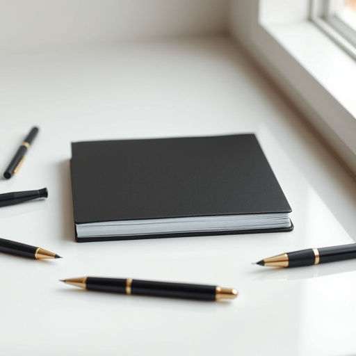 mockup design, Create a realistic mock-up of a closed black notebook, elegantly positioned flat on a minimalist countertop, facing the viewer. Surround the notebook with a variety of stylish pens, such as a fountain pen, ballpoint, and gel pen, all neatly arranged. Use soft, natural lighting to enhance a clean and airy workspace aesthetic.