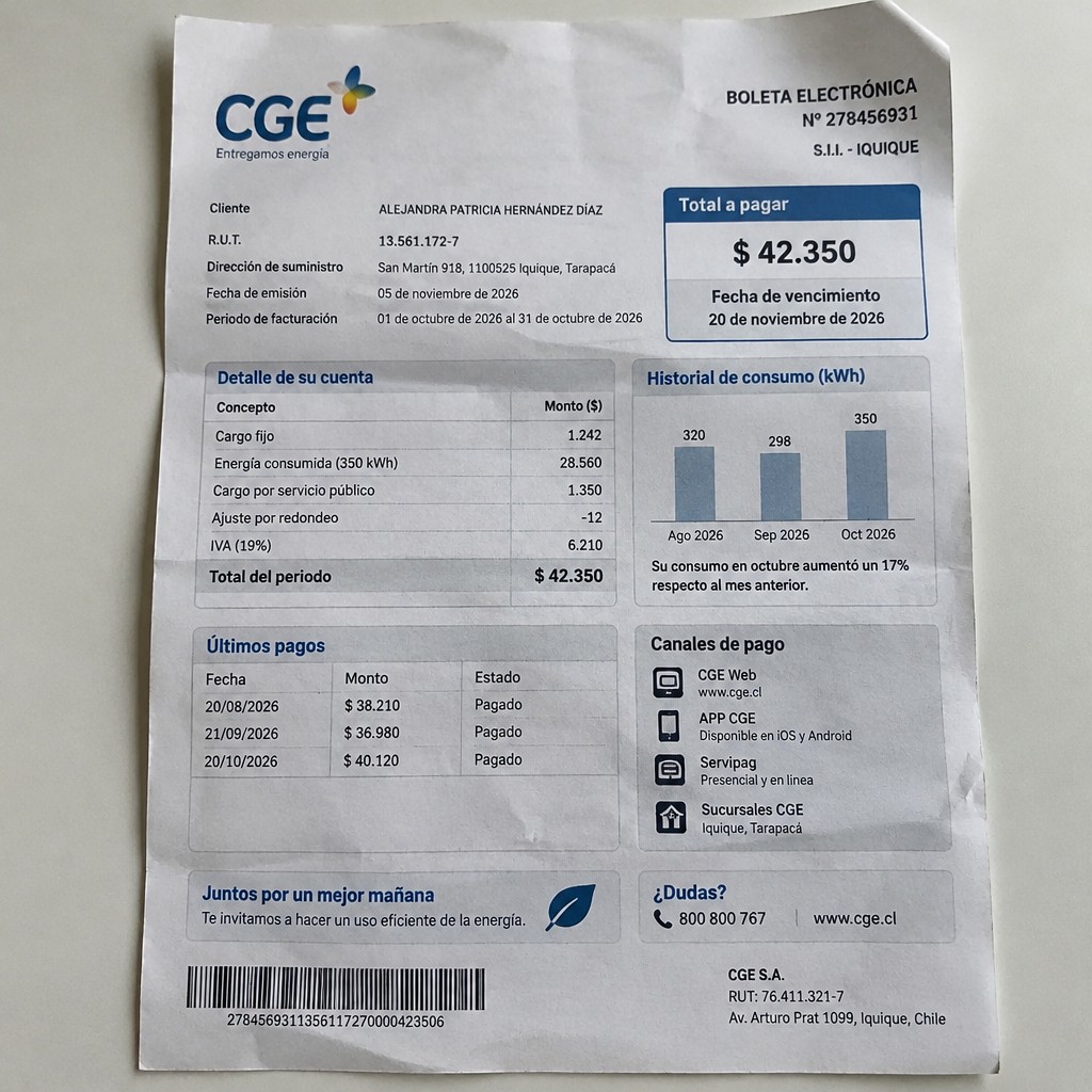 Create a statement, an electricity bill in CHILE. The A4 statement should be realistic, as if it were photographed on a phone. The document should be on a white background. The document must be for the last 3 months of October 2026. The document should contain several transactions and be wrinkled at the edges.
Name ALEJANDRA PATRICIA HERNÁNDEZ DÍAZ
Address San Martín 918, 1100525 Iquique, Tarapacá
R.U.T. 13561172-7
Date of birth 20.12.1979
