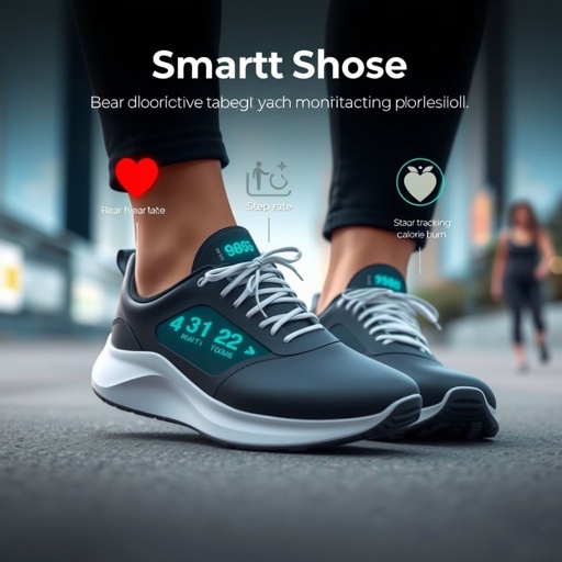 mockup design, Design a sleek pair of smart shoes that seamlessly integrate a health monitoring system. Showcase animated features like real-time heart rate tracking, step count, and calorie burn notifications on a digital display. Present the shoes in a vibrant urban setting, highlighting their advanced technology and health benefits for active lifestyles.