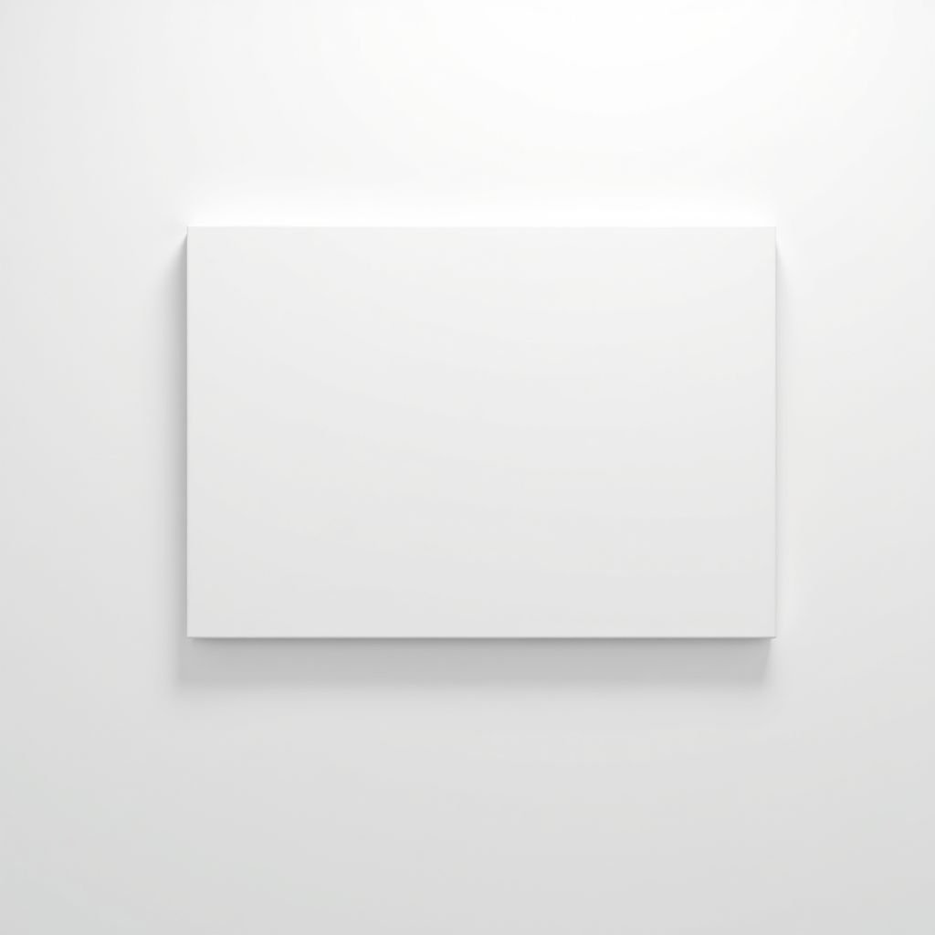 mockup design, Create a mockup design showcasing a blank stretched canvas on a stretcher bar, 2cm thick, mounted on a minimalistic white wall. Position the canvas at a 30-degree angle, giving a perspective where the viewer stands slightly to the side. Ensure the horizontal canvas follows a 5:7 ratio, emphasizing its emptiness.