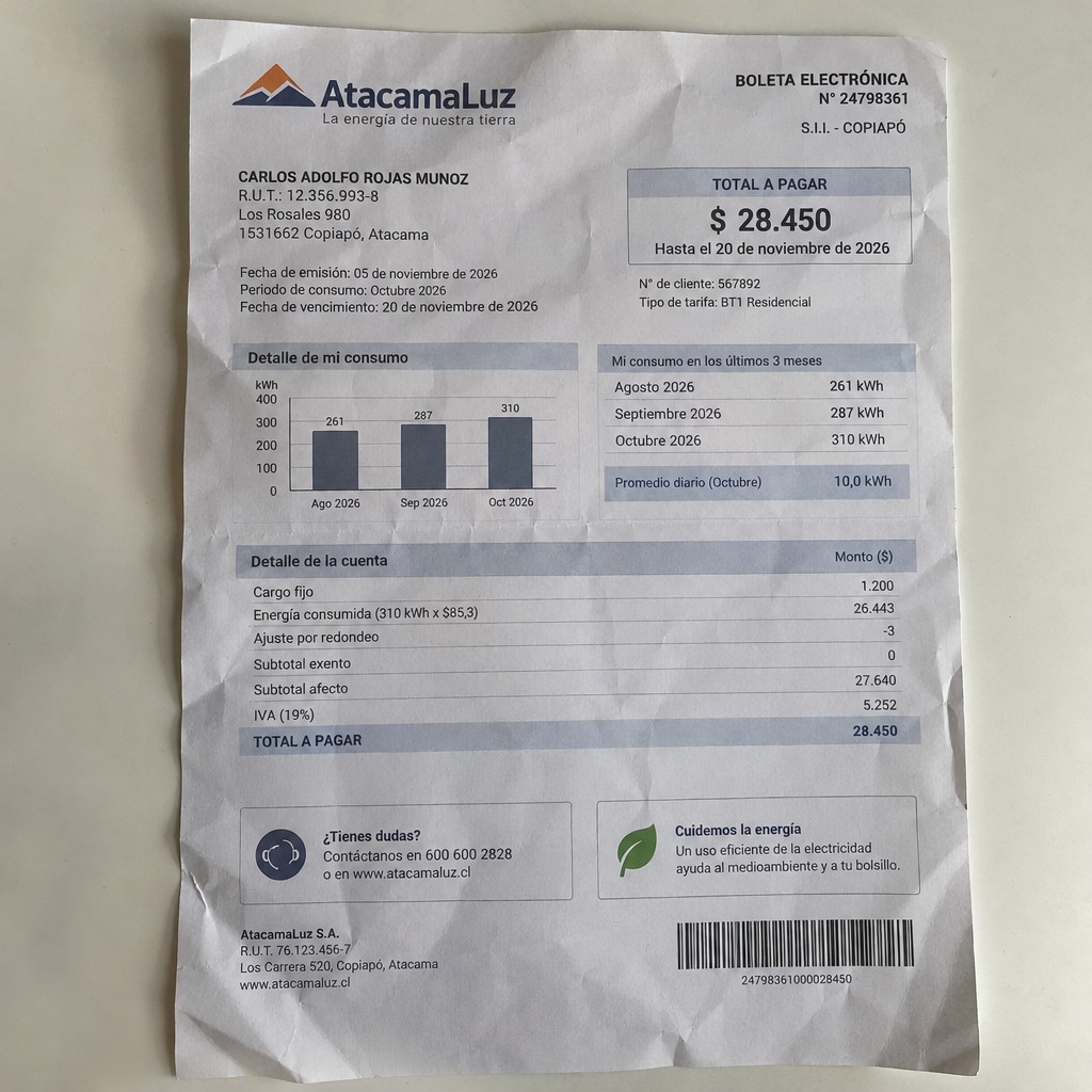 Create a statement, an electricity bill in CHILE. The A4 statement should be realistic, as if it were photographed on a phone. The document should be on a white background. The document must be for the last 3 months of October 2026. The document should contain several transactions and be wrinkled at the edges.
Name CARLOS ADOLFO ROJAS MUNOZ
Address Los Rosales 980, 1531662 Copiapó, Atacama
R.U.T. 12356993-8
Date of birth 13.11.1973