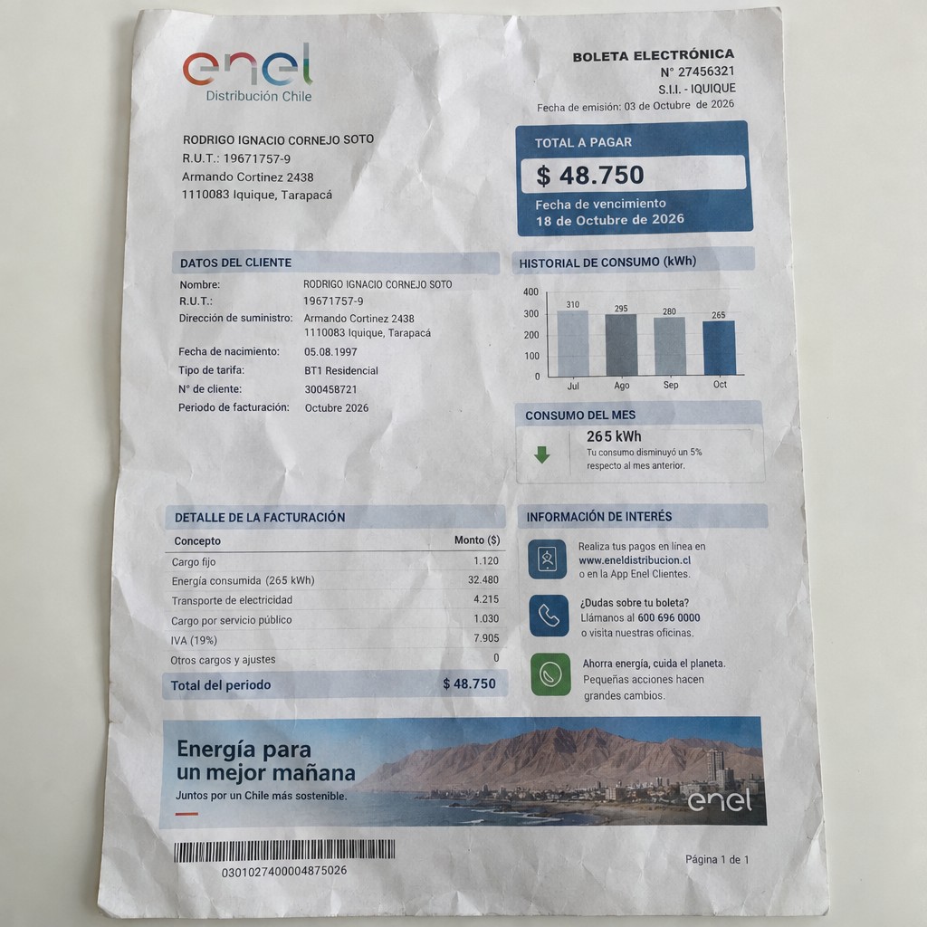 Create a statement, an electricity bill in CHILE. The A4 statement should be realistic, as if it were photographed on a phone. The document should be on a white background. The document must be for the last 3 months of October 2026. The document should contain several transactions and be wrinkled at the edges.
Name RODRIGO IGNACIO CORNEJO SOTO
Address Armando Cortinez 2438, 1110083 Iquique, Tarapacá
R.U.T. 19671757-9
Date of birth 05.08.1997
