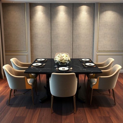 mockup design, Design a luxurious dining space featuring a sleek black marble table as the centerpiece. Surround it with elegant gold-accented chairs, soft ambient lighting, and a delicate floral centerpiece. The setting should include a tastefully arranged dinnerware and a stylish backdrop of textured walls, embodying sophistication and contemporary elegance.