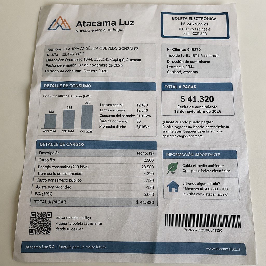 Create a statement, an electricity bill in CHILE. The A4 statement should be realistic, as if it were photographed on a phone. The document should be on a white background. The document must be for the last 3 months of October 2026. The document should contain several transactions and be wrinkled at the edges.
Name CLAUDIA ANGÉLICA QUEVEDO GONZÁLEZ
Address Orompello 1344, 1531143 Copiapó, Atacama
R.U.T. 15476303-1
Date of birth 19.12.1982