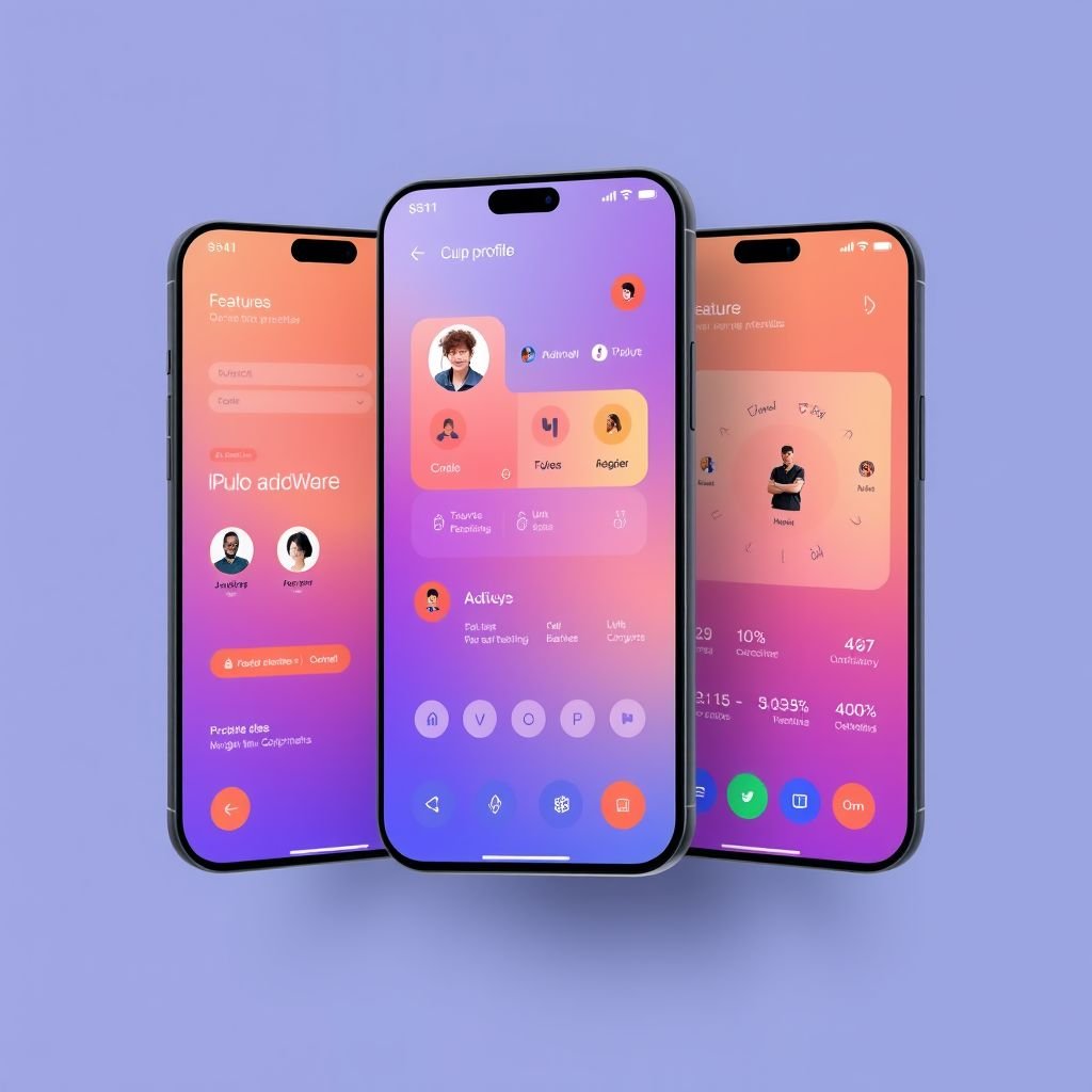 mockup design, Design a sleek and modern mobile app interface showcasing features like user profiles, settings, and a vibrant home dashboard. Incorporate a color palette that blends calming blues and energetic oranges. Include intuitive navigation icons, engaging visuals, and user-friendly buttons, while emphasizing a seamless experience for both iOS and Android users.