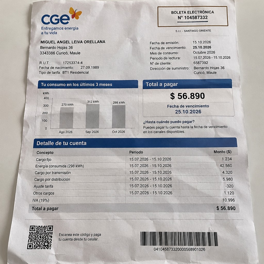 Create a statement, an electricity bill in CHILE. The A4 statement should be realistic, as if it were photographed on a phone. The document should be on a white background. The document must be for the last 3 months of October 2026. The document should contain several transactions and be wrinkled at the edges.
Name MIGUEL ANGEL LEIVA ORELLANA
Address
Bernardo Hojas 36, 3343386 Curicó, Maule
R.U.T. 17253374-4
Date of birth 27.09.1989
Date of discharge 25.10.2026 (OCTOBER 2026)