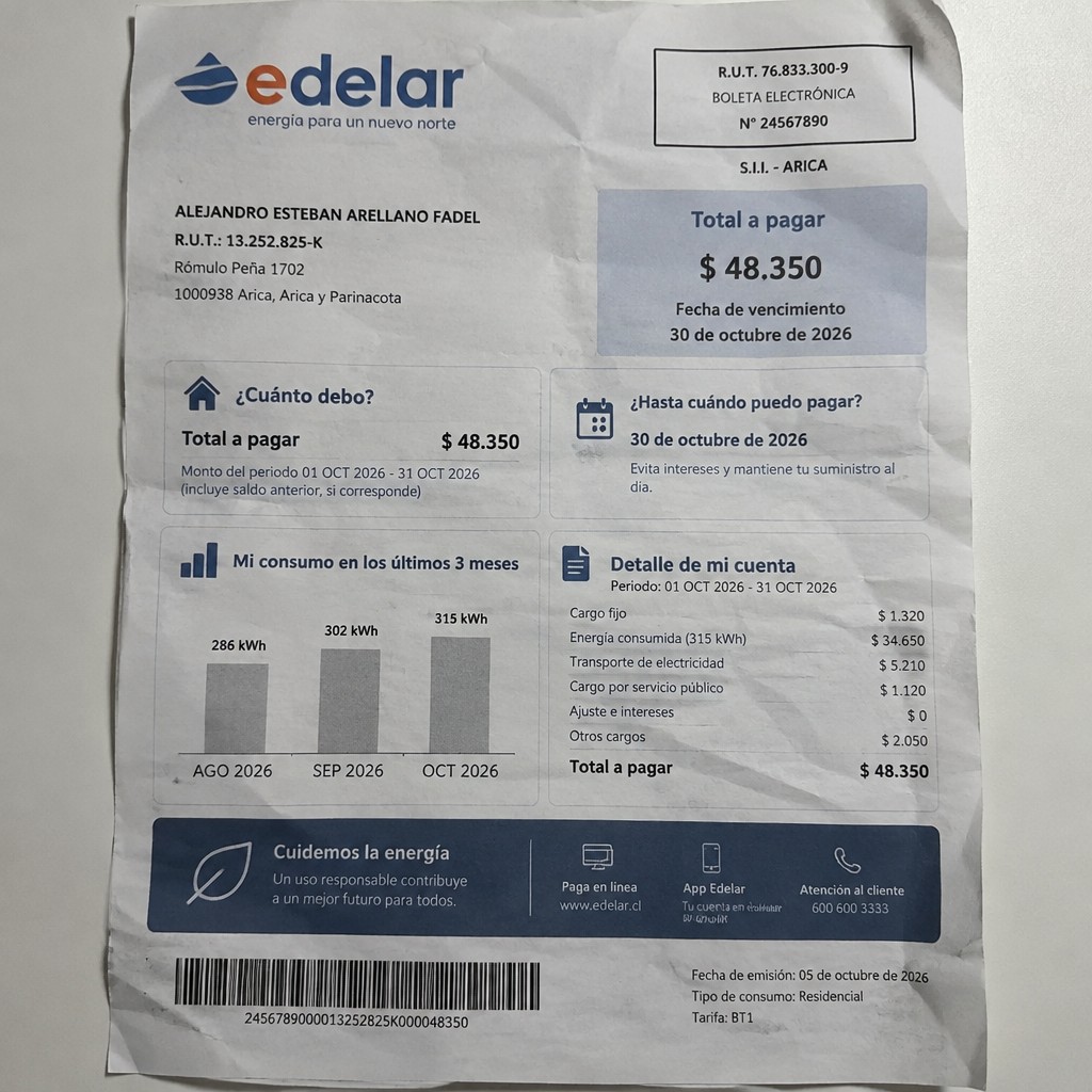 Create a statement, an electricity bill in CHILE. The A4 statement should be realistic, as if it were photographed on a phone. The document should be on a white background. The document must be for the last 3 months of October 2026. The document should contain several transactions and be wrinkled at the edges.
Name ALEJANDRO ESTEBAN ARELLANO FADEL
Address Rómulo Peña 1702, 1000938 Arica, Arica y Parinacota
R.U.T. 13252825-K
Date of birth 05.05.1977