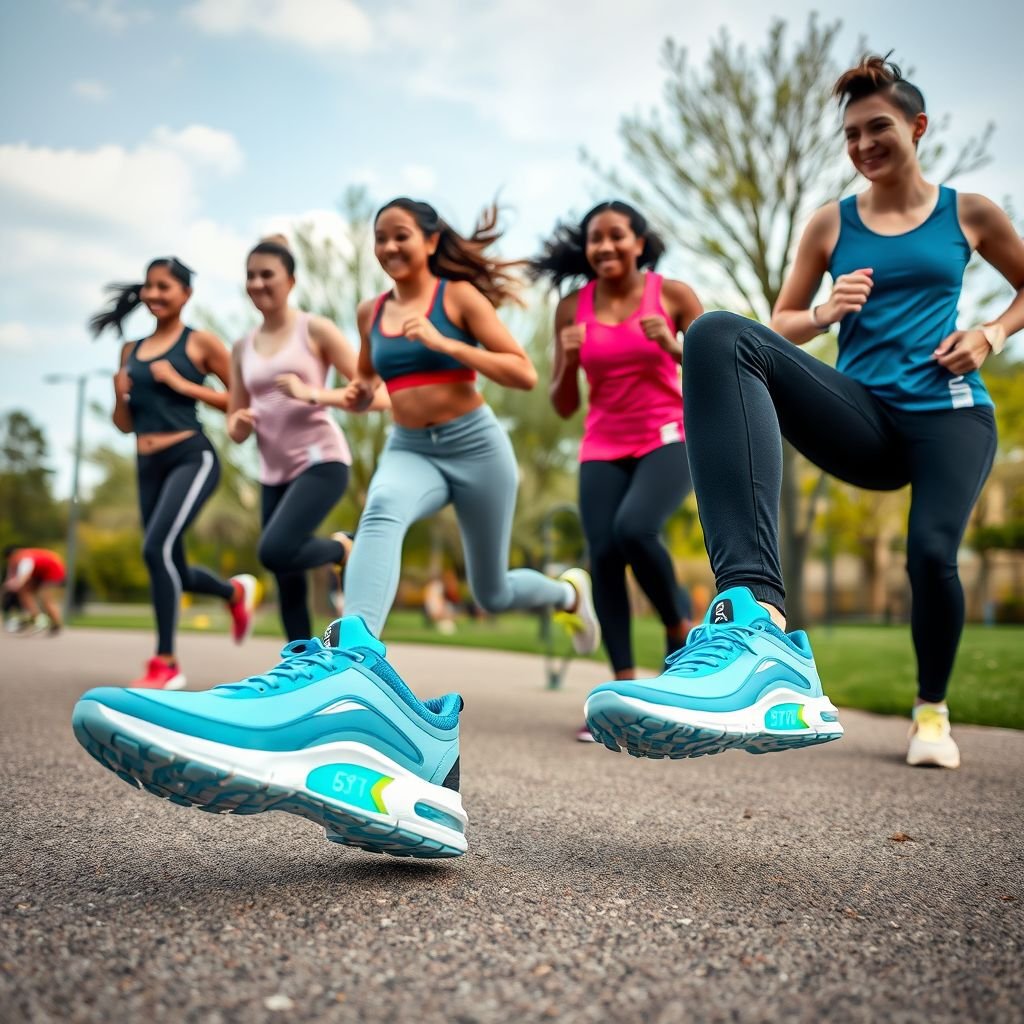 mockup design, Design a vibrant mockup of a lively group workout session featuring diverse individuals wearing cutting-edge smart shoes that display animated stats on their performance. The setting is an outdoor park with dynamic poses, showcasing the shoes’ sleek design and technology. Highlight their features, like step count and heart rate tracking, with colorful visual elements.