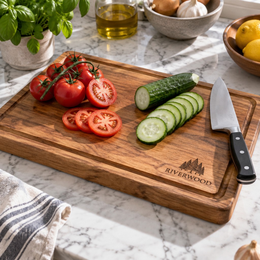 A wooden cutting board on a marble kitchen counter with sliced vegetables and a chef's knife, bright natural daylight, featuring a tasteful sample brand design, no watermarks, no text overlays