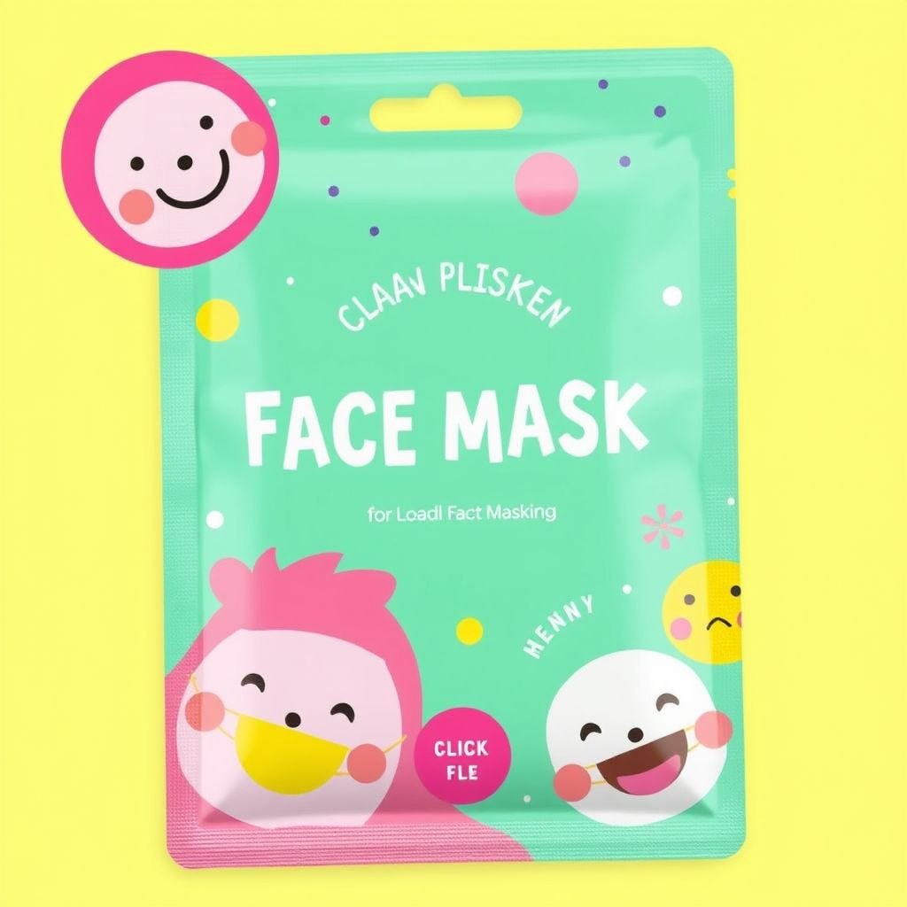 mockup design, Design a vibrant face mask packaging that exudes playfulness and creativity. Incorporate bold, cheerful colors like bright pinks, yellows, and greens. Include whimsical illustrations of happy faces wearing masks, along with fun patterns like polka dots and stripes. Add an eye-catching logo and clear product information for a delightful experience.