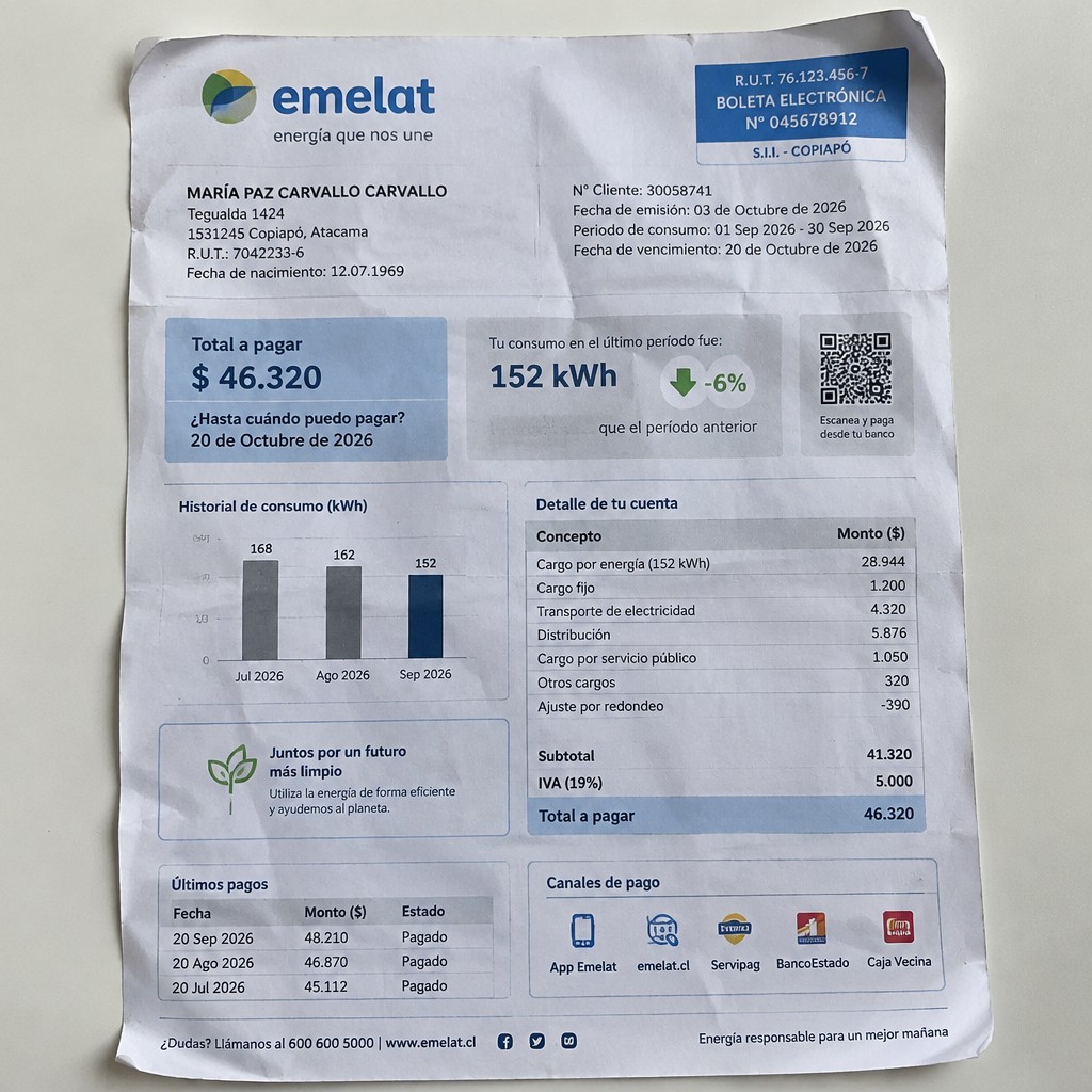 Create a statement, an electricity bill in CHILE. The A4 statement should be realistic, as if it were photographed on a phone. The document should be on a white background. The document must be for the last 3 months of October 2026. The document should contain several transactions and be wrinkled at the edges.
Name MARÍA PAZ CARVALLO CARVALLO
Address Tegualda 1424, 1531245 Copiapó, Atacama
R.U.T. 7042233-6
Date of birth 12.07.1969