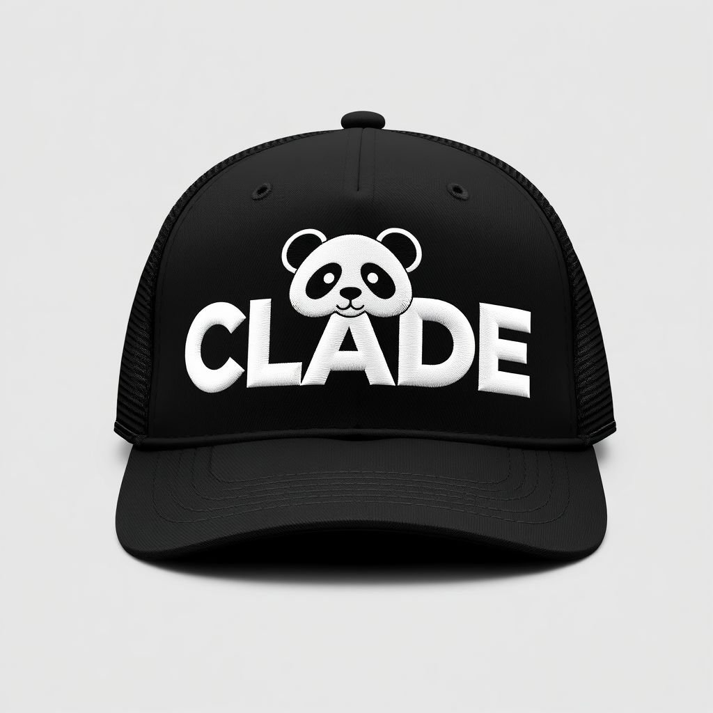 mockup design, Create a black trucker hat featuring the CLADE brand name prominently displayed in bold, modern font. The design should include a playful panda head embroidered in white, positioned behind the brand name for a cohesive look. Use an adjustable snapback style, emphasizing a trendy, urban aesthetic suitable for casual wear.
