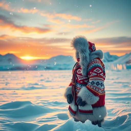 mockup design, A vibrant scene depicting an Eskimo in a snowy landscape, bundled in traditional fur clothing adorned with intricate patterns. Flurries of snow swirl through the air as the sun sets, casting a warm glow. In the background, an icy glacier and distant mountains provide depth to this serene arctic setting.