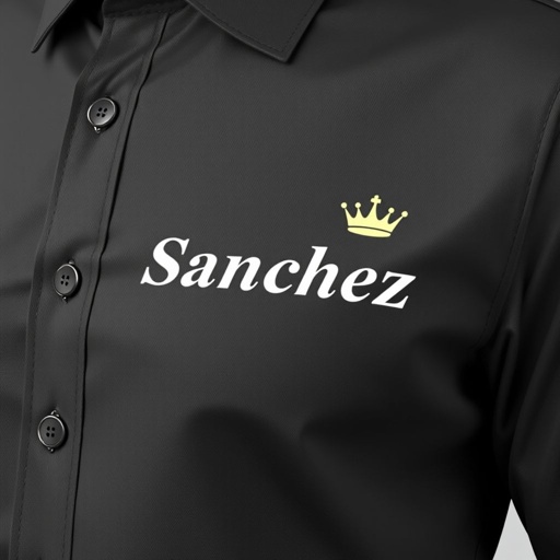 mockup design, Diseño de camisas de trabajo elegantes y profesionales en tonos oscuros, destacando el logo "Sánchez" en el lado izquierdo del pecho. Encima del nombre, una corona dorada que simboliza excelencia y liderazgo. El material es transpirable y cómodo, ideal para el ambiente laboral. Añadir detalles bordados en el cuello.