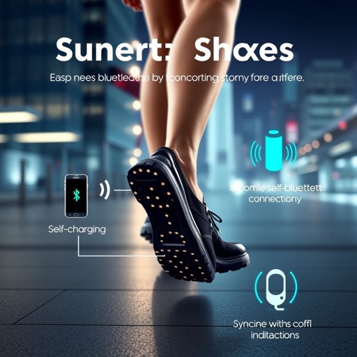 mockup design, Create a sleek and modern mockup featuring a woman confidently walking in stylish smart shoes that showcase Bluetooth connectivity and an innovative self-charging battery. The design should include dynamic animations highlighting the shoes’ features, like syncing with a smartphone, glowing LED indicators, and a futuristic urban backdrop that emphasizes their technology.